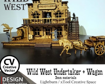 May include: A laser-cut wooden model of a two-storey Wild West undertaker building with a balcony, stairs, and a horse-drawn wagon. The structure features engraved wood grain details, a sign reading UNDERTAKER, and several small grey plastic figures.