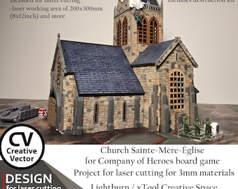 Files for laser cutting Church Sainte Mere Eglise for Company of Heroes board game Scale 1:100  (SVG DXF, XCS) Lightburn and xTool ready