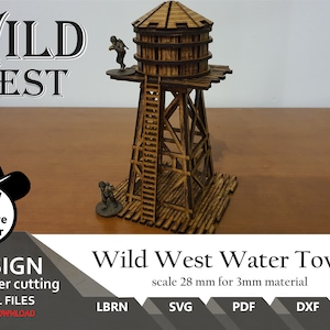 Op de afbeelding: Een lasergesneden ontwerp voor een Wild West Watertoren, een houten constructie met een watertank bovenop, een ladder en een platform. Het ontwerp is voor schaal 28 mm en is bedoeld voor gebruik met 3 mm materiaal.