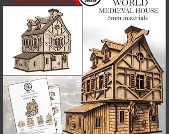 Medieval House with Shed 1/56 scale FILES for laser cut SVG dxf Lightburn xTool