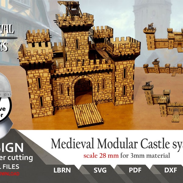 Limes pour la découpe laser du système Château médiéval + trébuchet à l'échelle 28 mm | SVG | DXF | Château prêt à être brûlé par la lumière svg | Jeux svg | Jeu de société