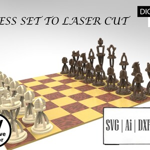 Pu&ograve; includere: Un set di scacchi digitale per taglio laser con pezzi marrone chiaro e scuro su una scacchiera. Il testo recita CHESS SET TO LASER CUT, DIGITAL FILES, CV Creative Vector e SVG | Ai | DXF | LBRN. I pezzi presentano una struttura scheletrica.
