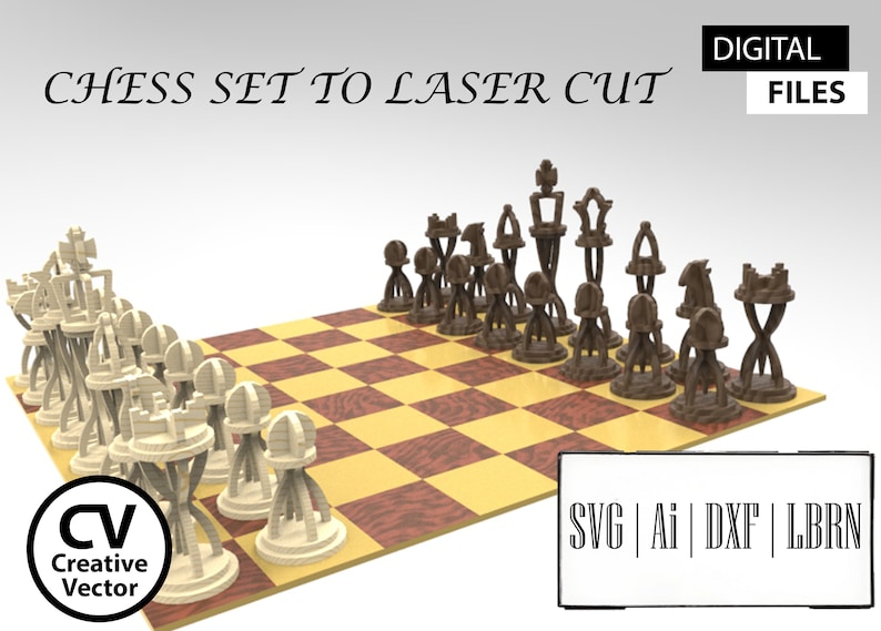 Pu&ograve; includere: Un set di scacchi digitale per taglio laser con pezzi marrone chiaro e scuro su una scacchiera. Il testo recita CHESS SET TO LASER CUT, DIGITAL FILES, CV Creative Vector e SVG | Ai | DXF | LBRN. I pezzi presentano una struttura scheletrica.
