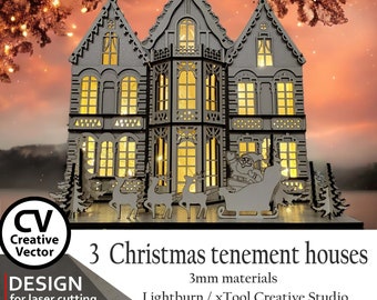 3 Christmas houses, tenement houses  | SVG | XCS | Christmas house, 3D | Christmas  tenement | Lightburn | Easy to laser cut | xTool