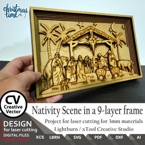 Scena Narodzenia Pańskiego w ramce 9-warstwowej | SVG | XCS | DXF | Ai | Lbrn | Warstwa świąteczna 3D | xTool | Lightburn | Łatwe do cięcia laserowego | Boże Narodzenie