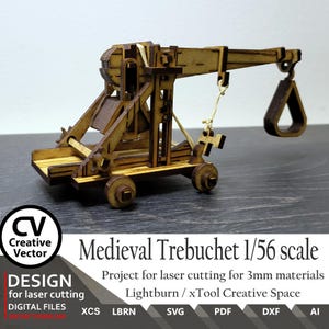 May include: A wooden model of a medieval trebuchet, a type of siege engine, in 1/56 scale. The model is made of laser-cut wood and is designed to be assembled. The model is shown on a wooden surface. The text "Medieval Trebuchet 1/56 scale" is visible in the image.