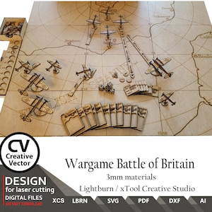 May include: A laser cut wooden game board for a Battle of Britain wargame. The board features a map of England with the English Channel and several planes. The board is designed for 3mm materials and is available in a variety of file formats, including XCS, LBRN, SVG, PDF, DXF, and AI.