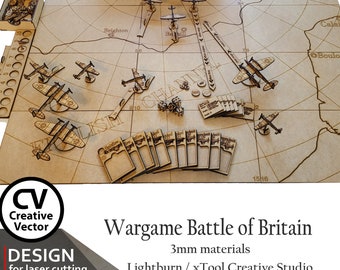 Proyecto para corte láser - WARGAME BATTLE of BRITAIN - Spitfire, Messerschmitt, Heinkel Juego completo con reglas / xcs / svg/ Lightburn files / dxf