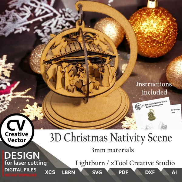 Archivos láser Belén navideño 3D en adorno de pie / SVG / XCS / LBRN / Bola de Navidad, 3D / Bolas / Lightburn / Fácil de cortar con láser