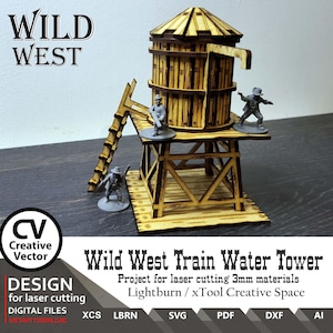 May include: A wooden model kit of a Wild West train water tower, with a ladder and two figures. The kit is designed for laser cutting with 3mm materials. The text "Wild West Train Water Tower" is printed on the base of the model.