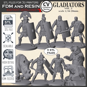 Gladiators Vol. 2 STL Files – 9 Miniatures for 3D Printing (Digital Download)