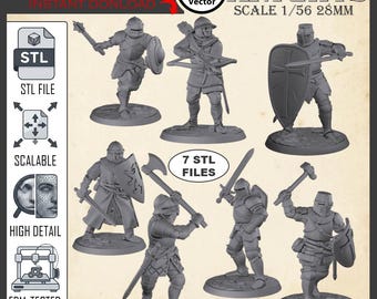 Knight Miniatures 7 STL Files Bundle – 28mm Scale for 3D Print Models (Digital Download)