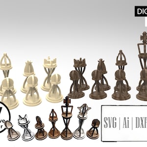Pu&ograve; includere: Un set di pezzi degli scacchi tagliati al laser in tonalit&agrave; di legno chiaro e scuro, con complessi disegni geometrici. L'immagine include etichette di testo che leggono DIGITAL FILES, CV Creative Vector e i formati SVG, Ai, DXF e LBRN.