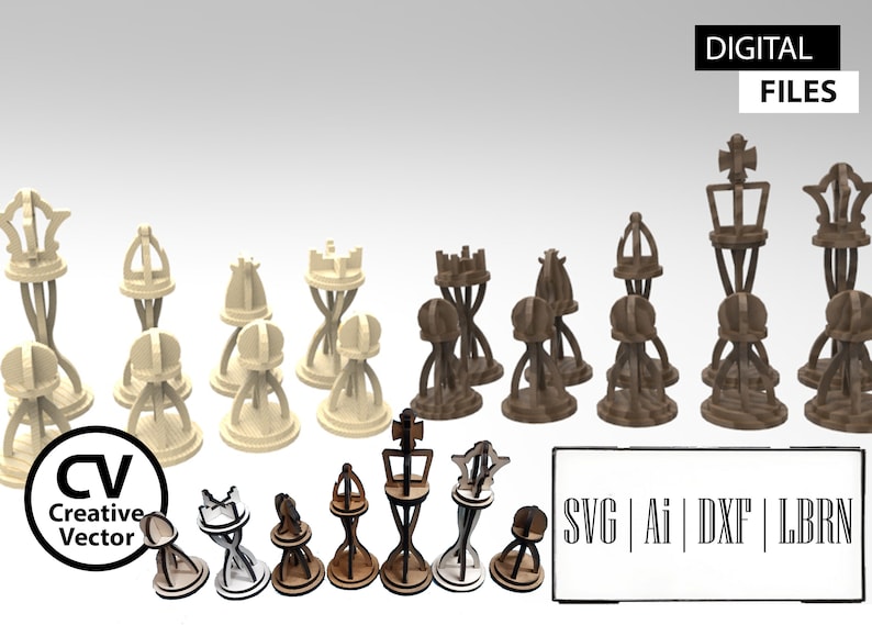 Pu&ograve; includere: Un set di pezzi degli scacchi tagliati al laser in tonalit&agrave; di legno chiaro e scuro, con complessi disegni geometrici. L'immagine include etichette di testo che leggono DIGITAL FILES, CV Creative Vector e i formati SVG, Ai, DXF e LBRN.