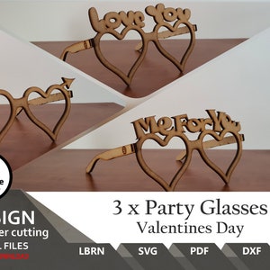 3 x Projects Valentines Day Fun Glasses  | SVG | LBRN | DXF | Ai | Party Glasses, 3D | New Year | Lightburn | Easy to laser cut |  Party
