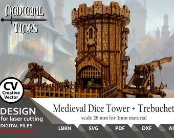 Files for laser cutting Medieval Dice Tower + Trebuchet in scale 28 mm | SVG | DXF | Lightburn ready dice tower svg | Games svg | Boardgame