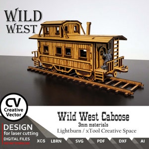 May include: A wooden model of a Wild West caboose train car, designed for laser cutting. The model is 3mm thick and can be made with Lightburn or xTool Creative Space software. The model includes a small figure of a person standing on the back platform.