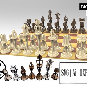 Pu&ograve; includere: Un set di file digitali per un gioco di scacchi 3D con pezzi marrone chiaro e scuro caratterizzati da steli intrecciati traforati e una scacchiera abbinata. L'immagine include i testi DIGITAL FILES, CV Creative Vector e SVG | Ai | DXF | LBRN.