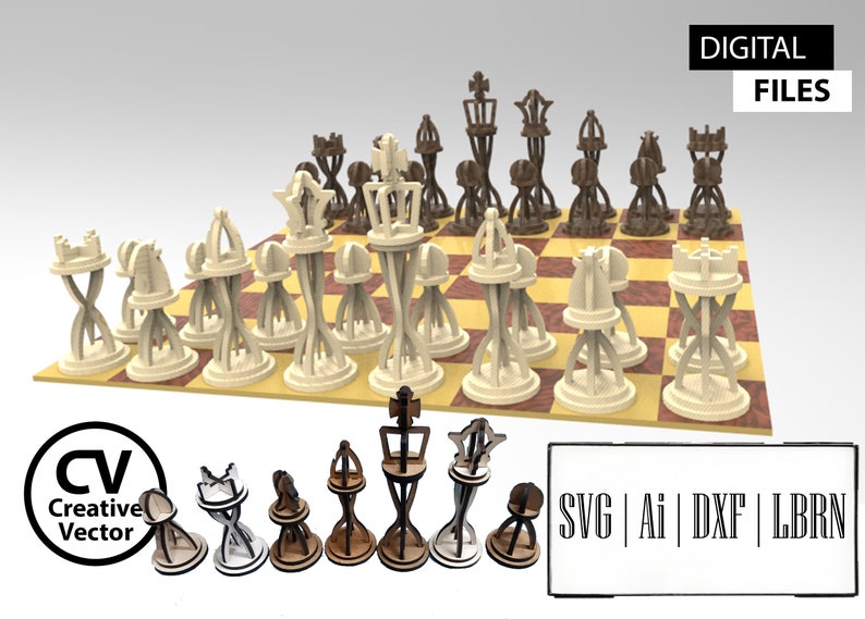 Pu&ograve; includere: Un set di file digitali per un gioco di scacchi 3D con pezzi marrone chiaro e scuro caratterizzati da steli intrecciati traforati e una scacchiera abbinata. L'immagine include i testi DIGITAL FILES, CV Creative Vector e SVG | Ai | DXF | LBRN.