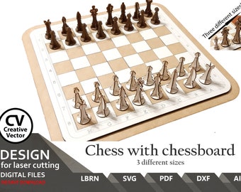 May include: A wooden chess set with a brown chessboard and white squares. The chess pieces are made of wood and are in the classic style. The chessboard is labeled with letters and numbers. The image includes the text "Three different sizes!" and "Chess with chessboard 3 different sizes".
