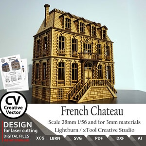 Può includere: Un modello in legno tagliato al laser di un castello francese con struttura a più piani, mattoni dettagliati, una scala centrale e abbaini. Il modello include un manuale di costruzione e testo che specifica la scala 28mm 1/56 per 3mm.