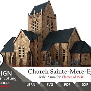 Archivos para corte láser Iglesia Sainte-Mère-Église : Terreno Wargaming escala 15 mm (SVG DXF, Pdf XCS)