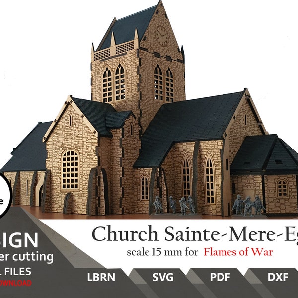 Fichiers découpés au laser Eglise Sainte-Mère-Eglise | Terrain de jeu de guerre à l'échelle 1/87 H0 / 15 mm | Flammes de guerre | Fichiers laser SVG | XCS | Dxf Lightburn