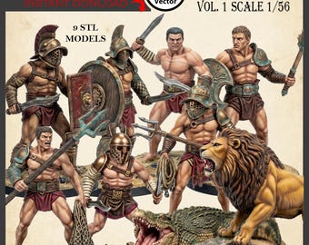 Gladiators Vol. 1 STL Files Bundle – 9 Models Scale 28mm for 3D Print (Digital Download)