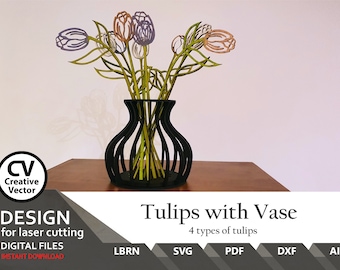 Tulips with Vase Files for laser cut : SVG, DXF, LBRN, Ai (Digital Download)