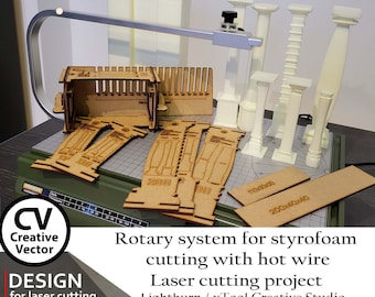 Rotary system for styrofoam cutting with hot wire for laser cutting | XCS | SVG | Lightburn | Laser cut files | Build Instruction | Hot Wire