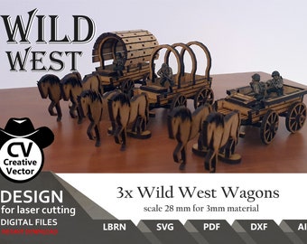 May include: Three laser-cut wooden wagon models with horse figures, designed for 3mm material at 28mm scale. The set includes one covered wagon and two open wagons, each featuring miniature figures. Text includes WILD WEST, 3x Wild West Wagons, and file formats.