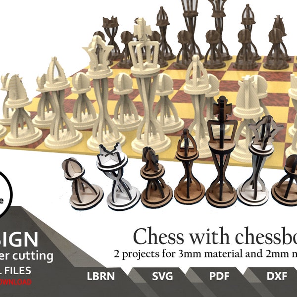Laser cut files Chess with chessboard Laser cutting | lbrn | svg | pdf |  Easy to Laser Cut | Vector | Wood burner | Art | Lightburn | Game