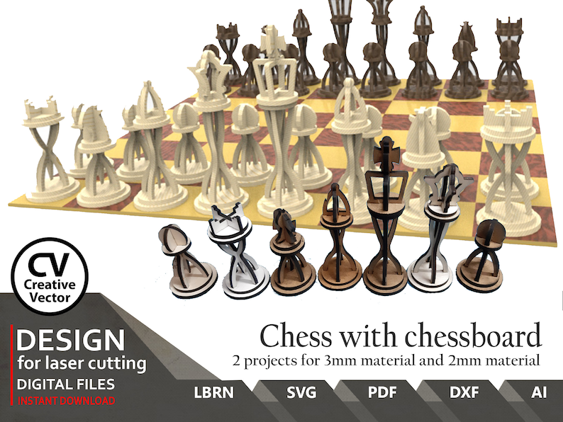 Pu&ograve; includere: Un set di pezzi degli scacchi e una scacchiera tagliati al laser con intricati disegni traforati. I pezzi sono presentati in tonalit&agrave; chiare e scure. Il testo recita: CV Creative Vector, DESIGN for laser cutting, DIGITAL FILES, Chess with chessboard, 2 projects for 3mm material and 2mm material, LBRN, SVG, PDF, DXF, AI.