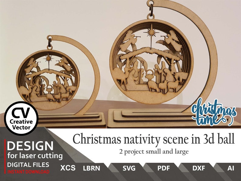 May include: A laser cut wooden Christmas nativity scene in a 3D ball ornament. The ornament is on a stand and there are two sizes available, small and large. The design includes the baby Jesus, Mary, Joseph, angels, sheep, and a star.
