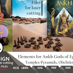 Könnte beinhalten: Digitale Dateien zum Laserschneiden von Spielelementen für Ankh Gods of Egypt. Enthält Tempel, Pyramiden und Obelisken. Erhältlich in den Formaten XCS, LBRN, SVG, PDF, DXF und AI.