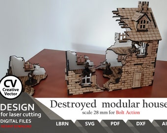 Laser cut files Destroyed House | SVG | DXF | XCS | Bolt Action Scale 28 mm | Lightburn | xTool Creative Space | Wargaming | Laser files |