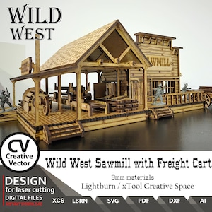 Puede incluir: Un modelo de aserradero del Salvaje Oeste con un carro de carga, diseñado para corte por láser. El modelo está hecho de materiales de 3 mm y presenta estructuras de madera detalladas, incluyendo una rueda hidráulica y un edificio con la palabra "SAWMILL".
