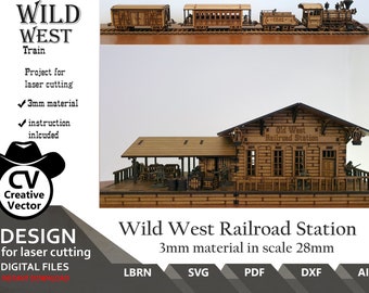 Estación de tren Wild West Railroad SVG / dxf / LBRN / escala de 28 mm a 34 mm / escala 1:56 / Archivos láser para corte