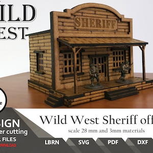 May include: A laser cut model kit of a Wild West Sheriff's office, made of wood. The model is 28 mm in scale and requires 3 mm thick materials. The kit includes digital files in LBRN, SVG, PDF, DXF, and AI formats.