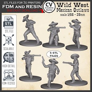 Pakiet 6 plików STL „Wild West Mexican Outlaws” do miniaturek do druku 3D (skala 28 mm)