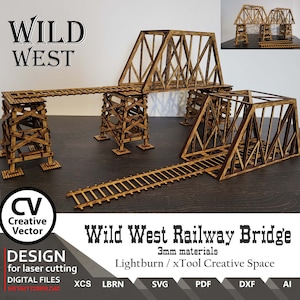 Könnte beinhalten: Ein Wild West Eisenbahnbrücken-Laserschnittdesign für 3 mm Materialien. Das Design beinhaltet eine Brücke, zwei Sätze Stützen und einen Satz Gleise. Das Design ist in den Formaten XCS, LBRN, SVG, PDF, DXF und AI verfügbar.