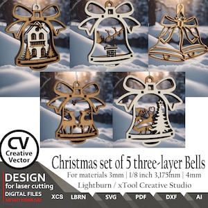 May include: Set of five three-layer wooden Christmas bells with different designs. The bells are 3mm, 1/8 inch (3.175mm), and 4mm thick. The designs include a house, Santa Claus, reindeer, and a Christmas tree.