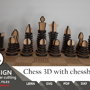 3D Chess Set with Chessboard Files for laser cut (SVG DXF PDF)