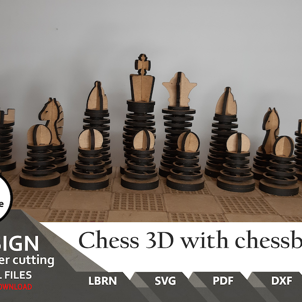 SVG Chess 3D with chessboard, lbrn svg pdf  Easy to Laser Cut   Vector  Wood burner Art Lightburn laser file SVG DXF  Ai  cnc Chess, Game