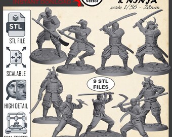 Samurai & Ninja Miniatures 3D Print Files – 9 STL Models (28mm Scale) (Digital Download)