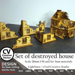 Laser cut files - Set of Destroyed House Lbrn | XCS | SVG | DXF | Bolt Action Scale 28 mm | Lightburn | xTool | Wargaming | Patterns
