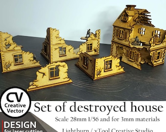 Laserschnittdatei - Set Zerstörtes Haus Lbrn | XCS | SVG | DXF | Bolt Action-Skala 28 mm | Lichtbrand | xTool | Kriegsspiele | Muster