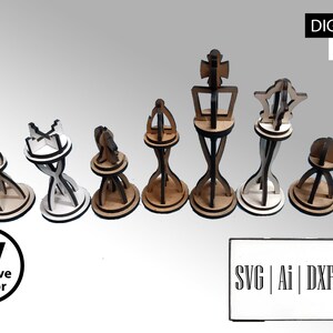 Pu&ograve; includere: Un set di sette pezzi degli scacchi in legno tagliati al laser con un design scheletrico a incastro. I pezzi sono disposti in fila e includono pedone, torre, cavallo, alfiere, re, regina e pedone. Testo: DIGITAL FILES e SVG | Ai | DXF | LBRN.