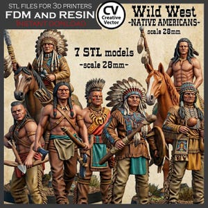 Op de afbeelding: Een digitale afbeelding met zeven 3D-modellen van Native American-figuren, ontworpen voor 3D-printen. De modellen zijn in het Wild West-thema, met een schaal van 28 mm. De figuren staan in verschillende poses, sommige te paard, en zijn gekleed in traditionele kleding.