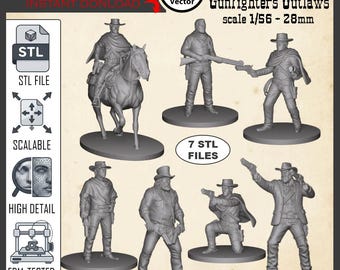 Wild West Outlaws 3D Print Files: 7 STL Miniatures (28mm Scale) (Digital Download)